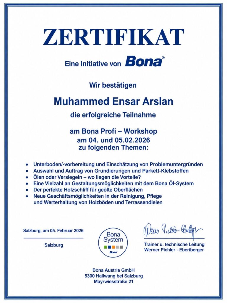 Zertifikat Bona Profi-Workshop – Holzböden, Parkett, Pflege und Werterhaltung