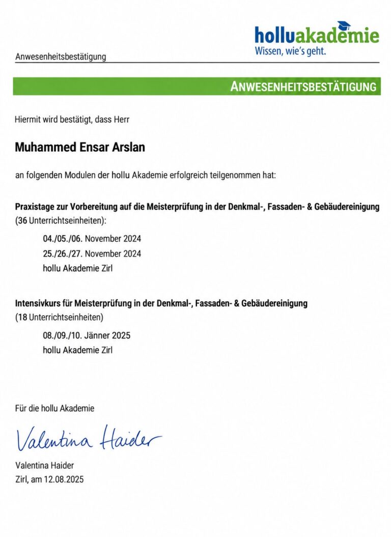 Anwesenheitsbestätigung hollu Akademie – Praxistage und Intensivkurs Meisterprüfung