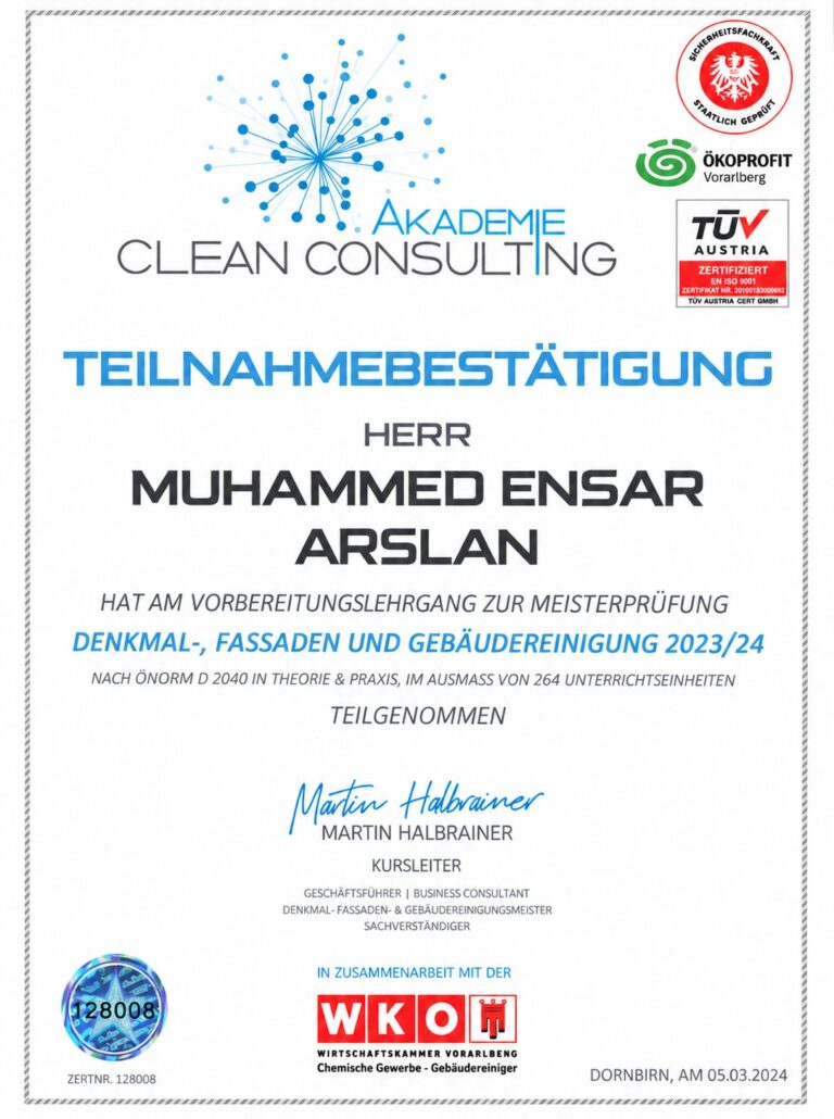 Teilnahmebestätigung Vorbereitungslehrgang zur Meisterprüfung – Akademie Clean Consulting