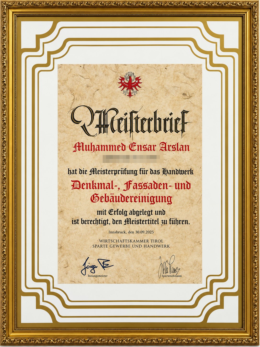 Meisterbrief Denkmal-, Fassaden- und Gebäudereinigung von Muhammed Ensar Arslan, Wirtschaftskammer Tirol, 30.09.2025