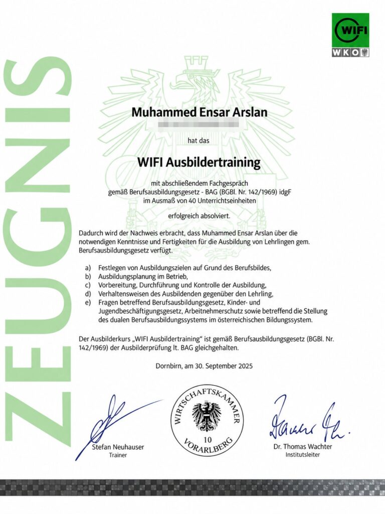 Zeugnis WIFI Ausbildertraining – Wirtschaftskammer Vorarlberg